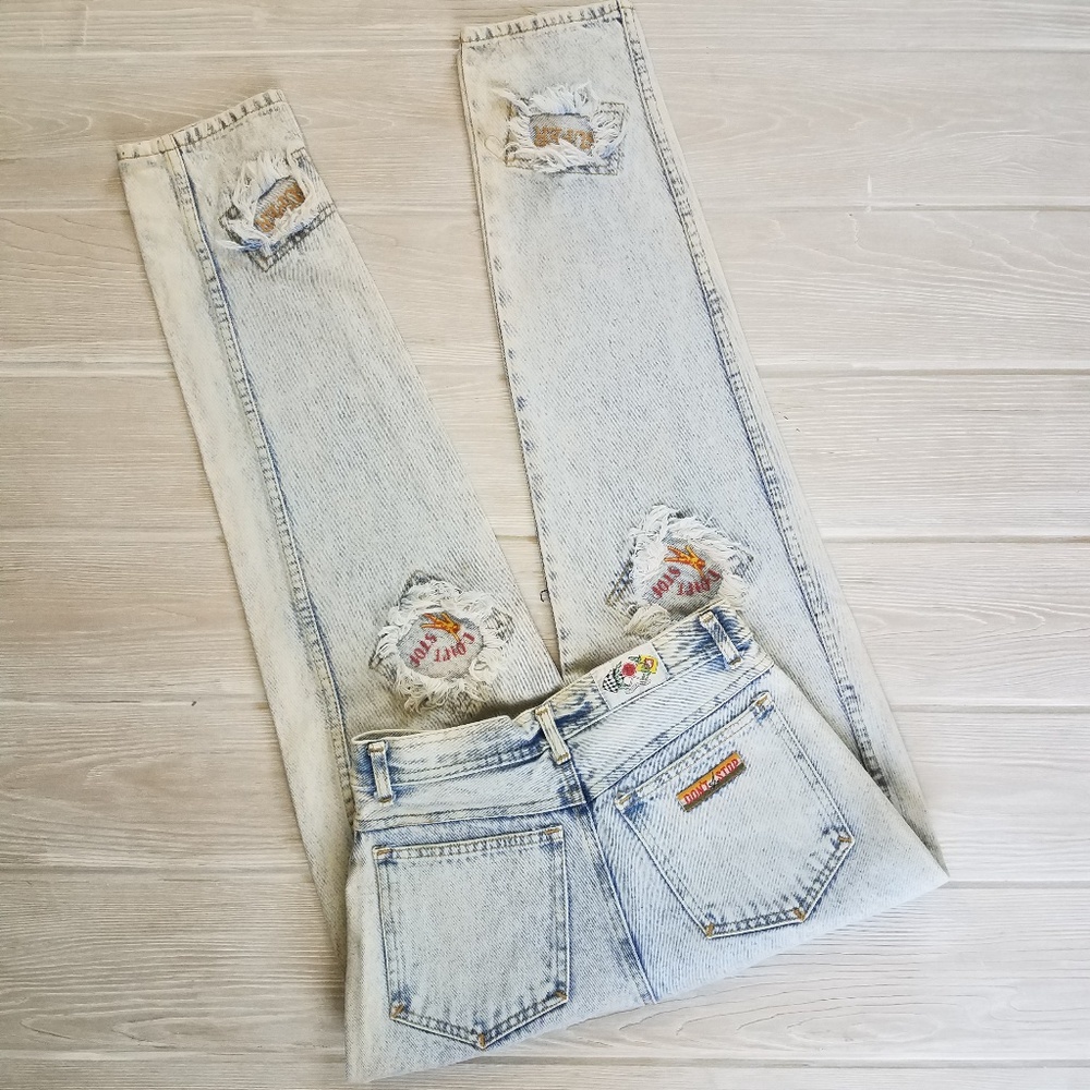 Vintage 80s High Waist Bleach Wash Patch Jeans